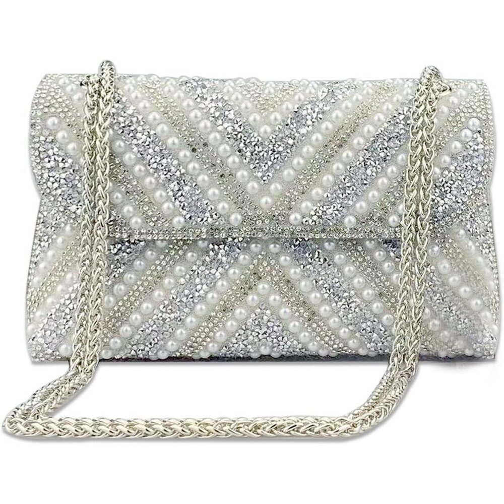Women's Silver Rhinestones Chain Shoulder Sparkly Cocktail Party Clutch Bag